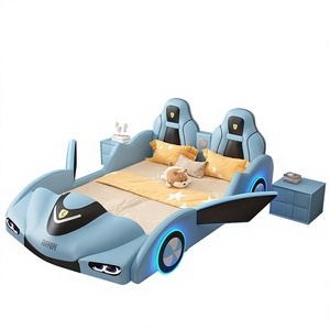 Çocuklar için Erkek Çocuk Karikatür Araba Tasarımlı Etnik Tarz Masif Ahşap Karyola, Küçük Daireler için Çıtalı Karyola Tabanı ile - Product Image 1