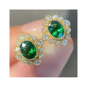 Xinfly Classic 0.25ct Diamond 18k Pure Gold Vintage 0.95ct Natural Tsavorite Stud Earrings Au750 Gemstone Jewelry For Women