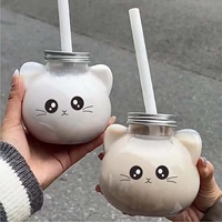 Bouteilles de thé au lait en plastique jetables en gros, 350 ml et 500 ml, emballage mignon en forme de chat, gobelets en plastique, bouteilles de boissons au thé au lait