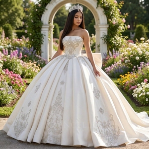 Vestido de Novia Moderno Wx379 de Satén Color Marfil sin Tirantes con Apliques de Encaje y Cristales, Cola Capilla - Product Image 1