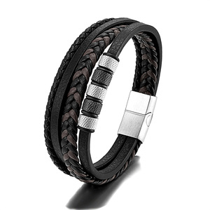 Fashion Stainless Steel Beaded Multilayer Woven Leather <b>Rope</b> <b>Bracelet</b> Trend Men's Leather <b>Bracelet</b> - Product Image 1