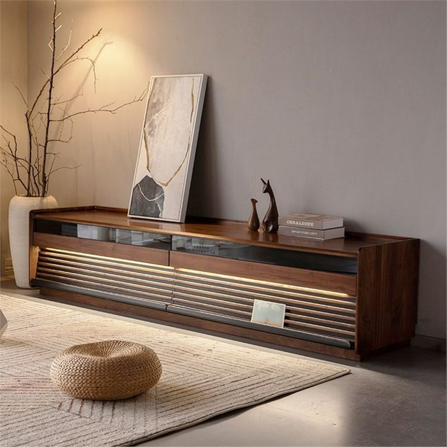 Modern Luxury Living Room TV Unit Wooden TV Stand Fluted Detailing Center Cabinet Adjustable Light LED Strips TV Stand