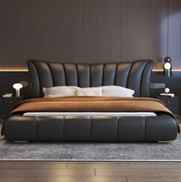 Lit double en bois massif de luxe léger en cuir véritable Lit très grand format en cuir Dossier rembourré Ensemble de meubles de chambre à coucher rembourrés au design moderne