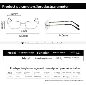 Cổ điển xách tay bạc hyperopia Kính đọc sách mini gấp kim loại vuông Thiết kế trọng lượng nhẹ với trường hợp bao gồm - Product Image 6