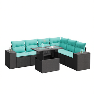 7 Piece Black Poly <b>Rattan</b> Garden <b>Sofa</b> Set with Cushions for Outdoor Use - Product Image 1