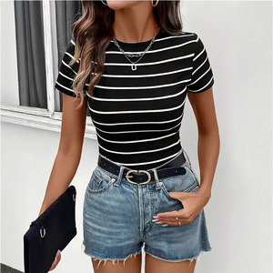 Camiseta Casual de Verano al por Mayor, Estilo Europeo Americano, Clásica, a Rayas Blancas y Negras, Cuello Redondo, Manga Corta - Product Image 4