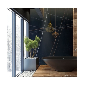 Luxury Sahara Noir <b>Black</b> Quartz Slabs with Gold and White Veins for Bathroom Feature Wall Wholesale - Product Image 2