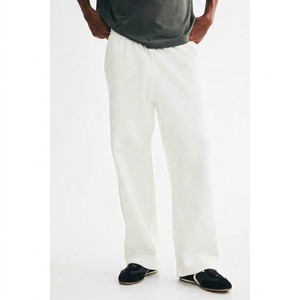 <b>Men's</b> Solid Flat Wide Leg Sweatpants <b>White</b> Relaxed Fit Jogger <b>Trousers</b> 100% Cotton Elastic Waist Drawstring Side Pockets Casual - Product Image 1