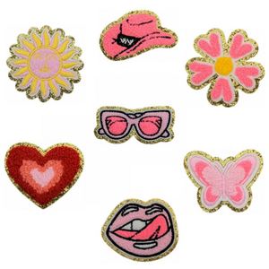 Nouveau Patch en Chenille Thermocollant Rose Vif avec Bord Doré, Motifs Fleur, Lumière, Sac à Main, Patineur, Lunettes de Soleil pour Vêtements et Sacs - Product Image 3