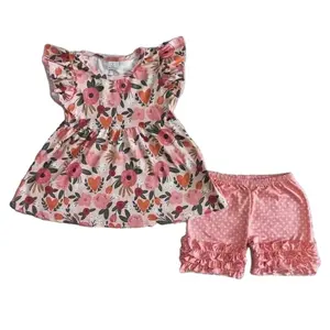 ชุดเสื้อผ้าสำหรับเด็กผู้หญิงวัยหัดเดิน,ชุดเสื้อยืดแต่งระบาย2ชิ้นลายดอกไม้สีชมพูเสื้อผ้าบูติกลำลองสำหรับฤดูร้อนปี2023