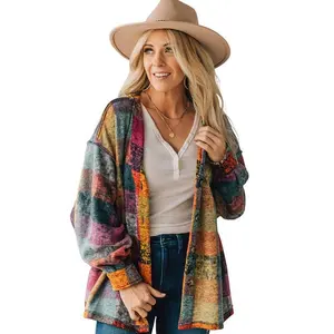 Wholesale Autumn V-Neck Fleece Plaid Printing Jacket Loose Warm Women Western Coats