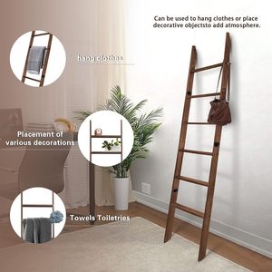Couverture décorative à 6 niveaux <span class=keywords><strong>en</strong></span> <span class=keywords><strong>bois</strong></span> brun carbone Échelle de 5.5 pieds Style ferme Porte-serviettes Salon Couette penchée au mur Non - Product Image 4