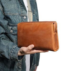 กระเป๋าหนังแท้ลายวินเทจสีน้ำตาล รุ่นใหม่ล่าสุด หนังฟูลเกรน หนังเครซี่ฮอร์ส กระเป๋าคลัทช์หนังแท้สำหรับผู้ชาย - Product Image 3