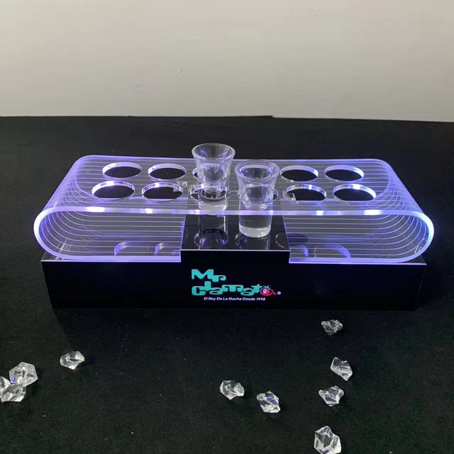 Custom Logo 24 Holes Acrylic Bullet Cup Holder LED Service Tray Shot Glasses Rack Cocktail Cup Holder for Night Club Table