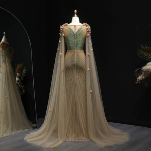 Vestido de noche con cuentas de lujo con manga de capa 3D flores marrón vestidos formales para mujer boda Lsz022 - Product Image 2