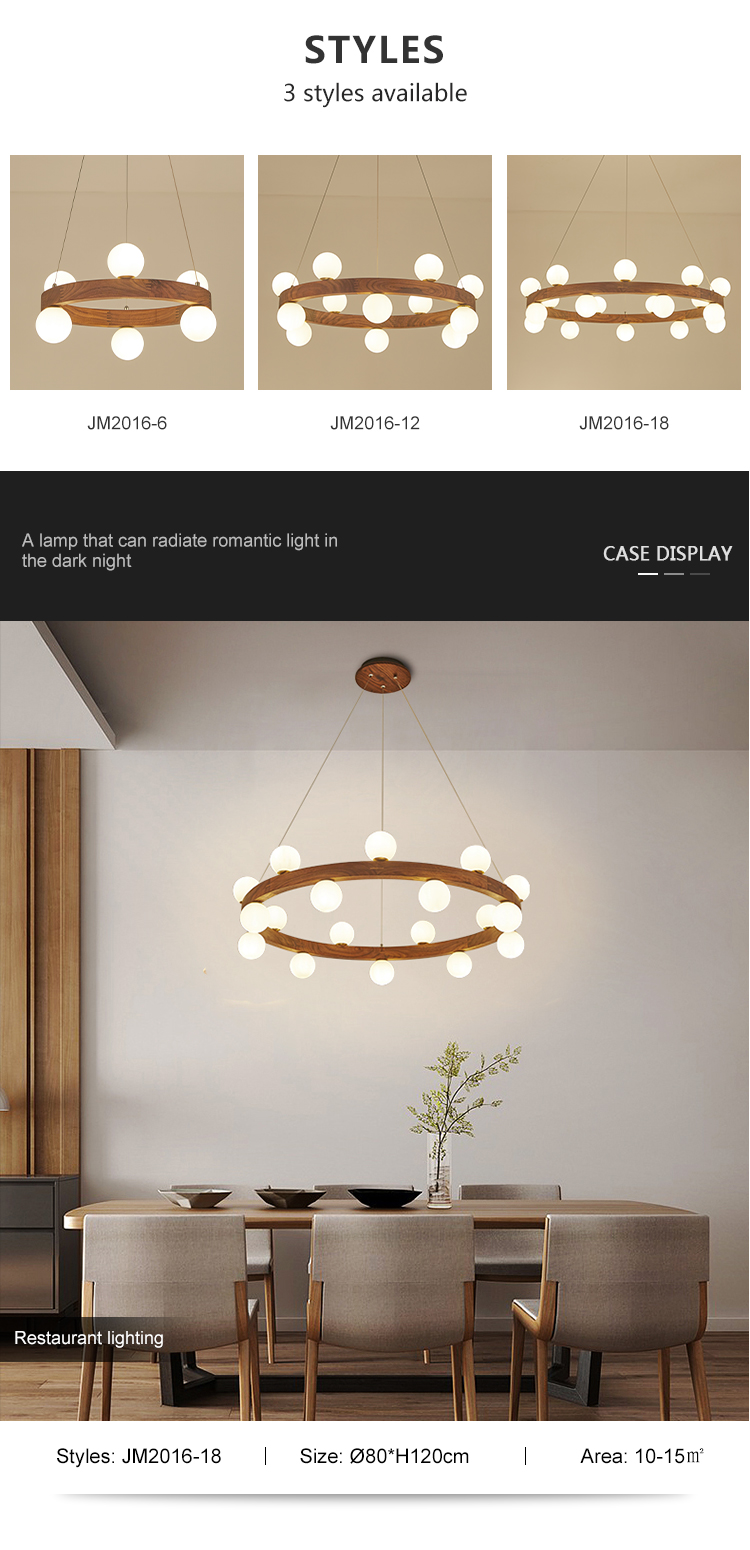 New Design Style Decoration Bedroom Interior Walnut Wooden Glass Round G9 Chandelier Light