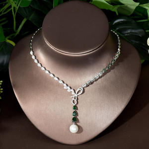 HIBRIDE moda kübik zirkonya uzun püskül yay-düğüm düğme küpe ve kadınlar için kolye setleri parti aksesuarları Bijoux N-83 - Product Image 4