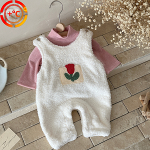 Conjunto de monos de felpa suave para niñas pequeñas con blusa rosa, 2 piezas de mono de invierno (ropa para niños pequeños) - Product Image 1
