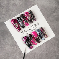 Ongles artificiels à presser faits main de haute qualité, style gothique punk sombre, avec chaîne métallique, pour manucure.