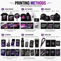 Pack de marchandises personnalisées pour fan club avec casquette, t-shirt, sac fourre-tout, porte-clés, autocollants et badges pour la promotion musicale
