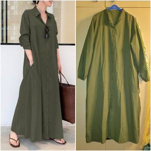 Robe longue décontractée unie pour femme H-450, style abaya musulmane, à col à revers, boutonnage simple, poches, manches longues, coupe ample - Product Image 3