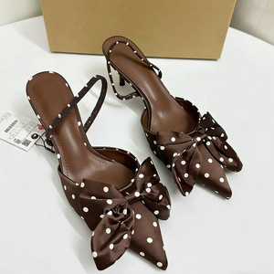 Escarpins élégants à bout pointu pour femme, en satin à pois, avec nœud surdimensionné, talons aiguilles sexy, chaussures de soirée chics - Product Image 3