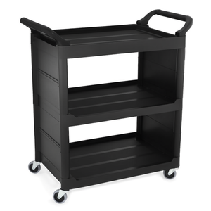 Carrello portaoggetti a tre ripiani in plastica nera con maniglie e ruote per uso in ufficio o in cucina - Product Image 2