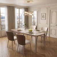 Ensemble table et chaises de salle à manger rectangulaire moderne européen en pierre frittée avec pieds en acier inoxydable, étanche et durable, pour appartement