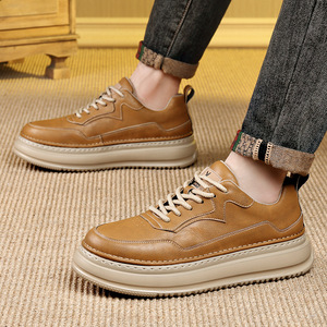 Baskets rétro en cuir pour hommes, bout rond, doublure en maille respirante, semelle extérieure en caoutchouc, talon bas, chaussures de marche décontractées - Product Image 2