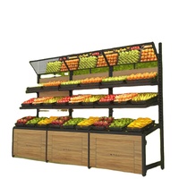 Grote capaciteit multi-sectie displayrek met manden, houten kastvoet, zwart stalen frame voor supermarkt fruit en groenten