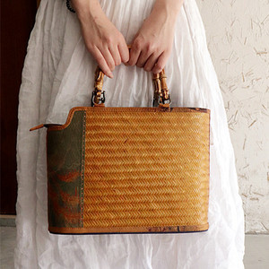 July 7th Bamboo Woven Tote Bag Panelled Zipper Closure Portable Everyday Use Box Bag Style Fall 2023 - Product Image 1