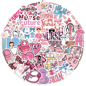 Paquete de 50 pegatinas de garabato de enfermera con lazo rosa para <span class=keywords><strong>guitarra</strong></span>, cuaderno, equipaje, decoración impermeable DIY - Product Image 6