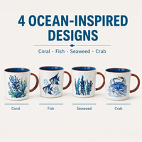 Tasse à café en céramique personnalisée sur le thème de la vie marine, imprimé crabe, poisson, corail, avec intérieur bleu, pour café de plage, vaisselle de bar