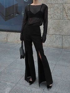 2024 début printemps nouveau Sexy Perspective maille bas chemise femmes <span class=keywords><strong>noir</strong></span> à manches longues mince <span class=keywords><strong>haut</strong></span> <span class=keywords><strong>Transparent</strong></span> - Product Image 6