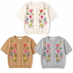 <span class=keywords><strong>Cardigan</strong></span> en tricot à manches courtes pour femme, broderie florale dispersée, col rond, couleur crème, OEM ODM, vente en gros, marque privée, faible MOQ, commande en gros - Product Image 5