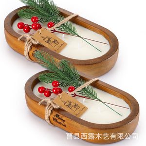 Wooden Oval <b>Candle</b> Holder Scented Aromatic <b>Candle</b> Bowl With 2 <b>Wicks</b> Solid Wood Eco Friendly Christmas Decoration - Product Image 1