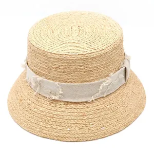 Chapéu de palha de ráfia natural para mulheres, chapéu de palha com fita de verão em forma de balde, novidade