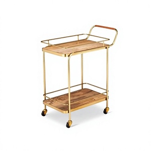 Vintage Metal Wooden Golden Metal Wine Cart Drink Tea Food Trolly Bar With Moving Wheel Hotel Luxury Bar and Wine Cart Trolly - Product Image 1