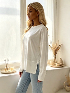 Stylish Drop Shoulder Crew Neck Long Sleeve <b>Tops</b> With Side Split <b>Thumb</b> <b>Hole</b> Custom Service For Women Casual Outdoor Wear - Product Image 2