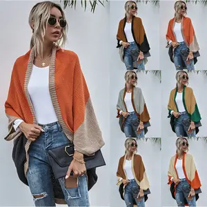 Fashion Contrast shawl 2021 cross border autumn and winter new color matching knitted cardigan sweater coat for Women