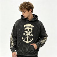 Sweat-shirt à capuche épais High Tides, noir, avec imprimé graphique Crâne et Ancre, effet délavé à l'acide, effet pulvérisé et vieilli, style streetwear