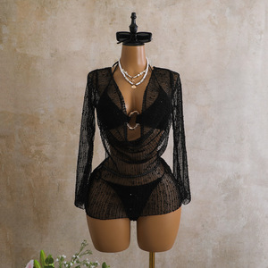 JSN 2026 Conjunto de bikini de dos piezas sexy de malla sólida personalizado para mujer con mangas largas, top halter sin espalda y traje de baño de cintura baja - Product Image 6