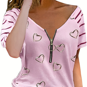 Camiseta de manga corta informal transpirable con cuello en V para mujer, tela tejida comprimida antibolitas holgada con cremallera conveniente - Product Image 3
