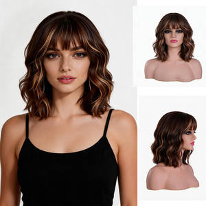 Perruque Bob Courte Synthétique Ombrée Effet Vague Naturelle avec Frange Légère, Résistante à la Chaleur, Bonnet Ajustable pour Femme, Coiffure Quotidienne - Product Image 1