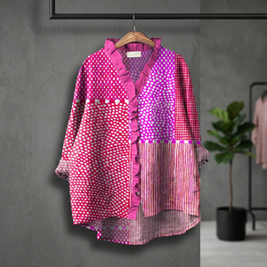 Vestido Casual Estampado con Cuello en V, Corte Holgado, Volantes, Dobladillo Asimétrico y Manga Larga para Verano - Product Image 1