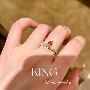 Anillo de Plata de Ley S925 con Baño de Oro en Forma de Lágrima, Diseño de Ondas de Loto Rosa, Joyería de Moda para Mujer - Product Image 3