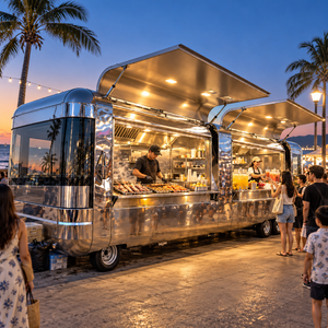 Remorque de camion-restaurant en acier inoxydable 5,8 m style Airstream rétro avec barbecue et évier pour lavage des mains pour utilisation en extérieur - Product Image 1
