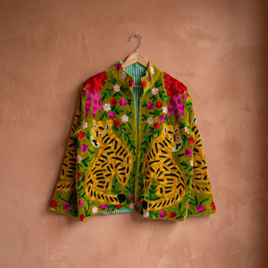Hand Embroidered <b>Velvet</b> Jacket Women's Mandarin Collar Full Sleeve Tiger Floral Pattern Spring Casual Wear <b>Green</b> Wholesale - Product Image 3