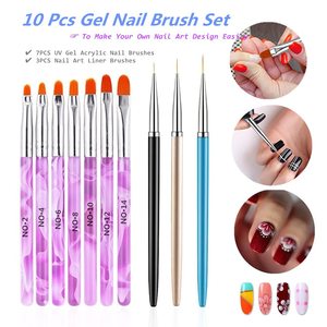 Lot de 10 pinceaux liner pour nail art, manche métallique, pinceaux plats fins pour peinture, outil de dessin pour vernis gel, sac PVC, 68g, kit de manucure professionnel - Product Image 1