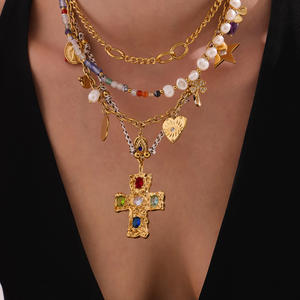 قلادة فاخرة وعصرية من الفولاذ المقاوم للصدأ بتصميم صليب، مزينة باللؤلؤ الطبيعي والأحجار الكريمة، مجوهرات هندسية طويلة متعددة الإكسسوارات - Product Image 4